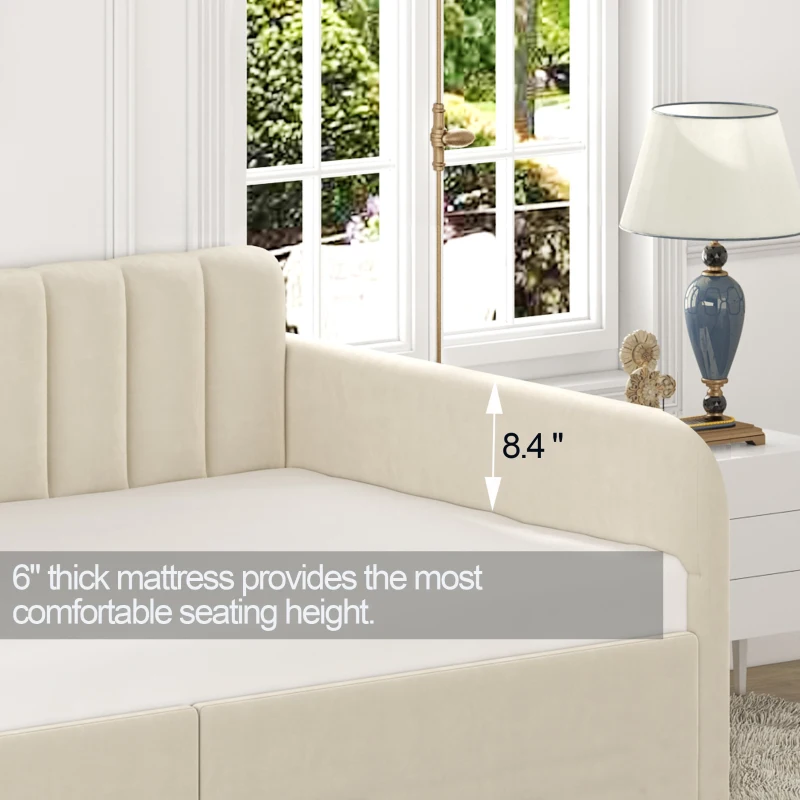 Flora Twin Size Upholstered Daybed Frame with 2 Drawers, Ribbed Tufted Backrest, Dust-Proof Drawers, Easy Assembly, Ivory
