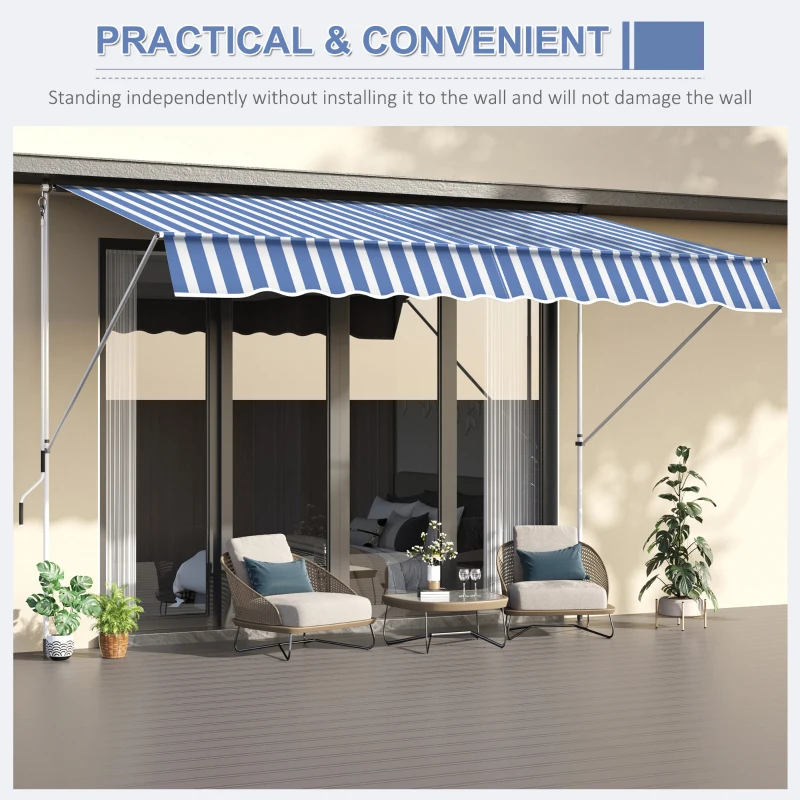 Outsunny 10x5ft Manual Retractable Awning, Patio Sun Shade Canopy Shelter with 5.6-9.2ft Support Pole, Water Resistant UV Protector, for Window, Door, Porch, Deck, Blue