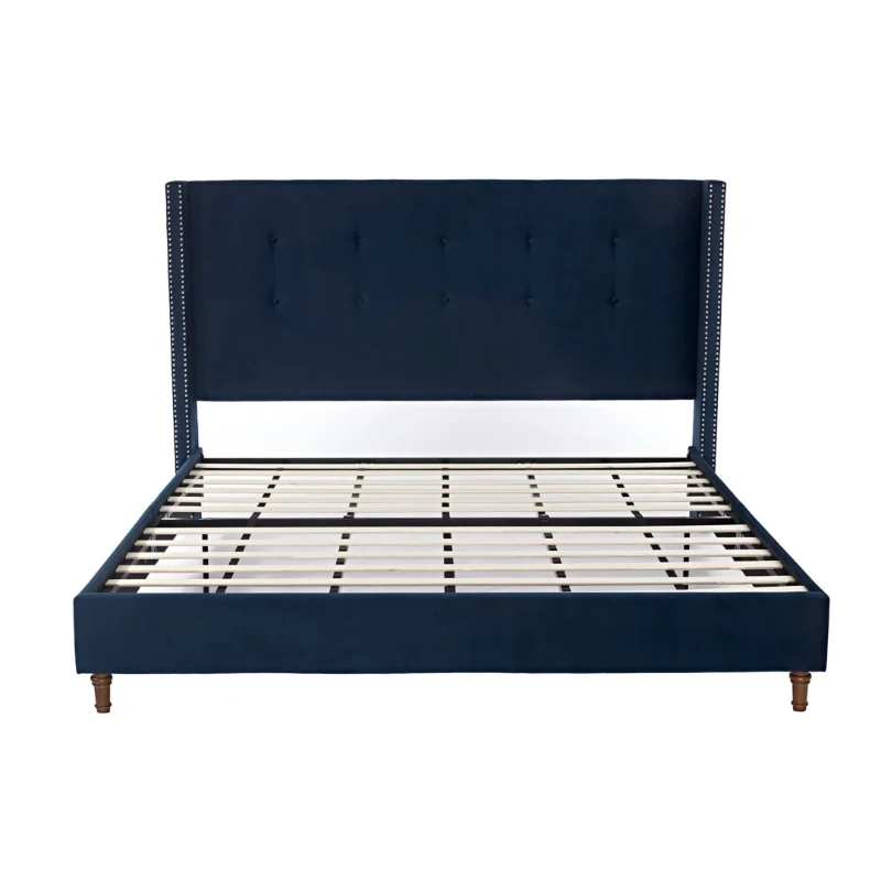 Upholstered Queen Bed Frame with Velvet 54" High Headboard, Traditional Hand Buttoned Tufting, Nailhead Trim Wingback, No Box Spring Needed, Blue