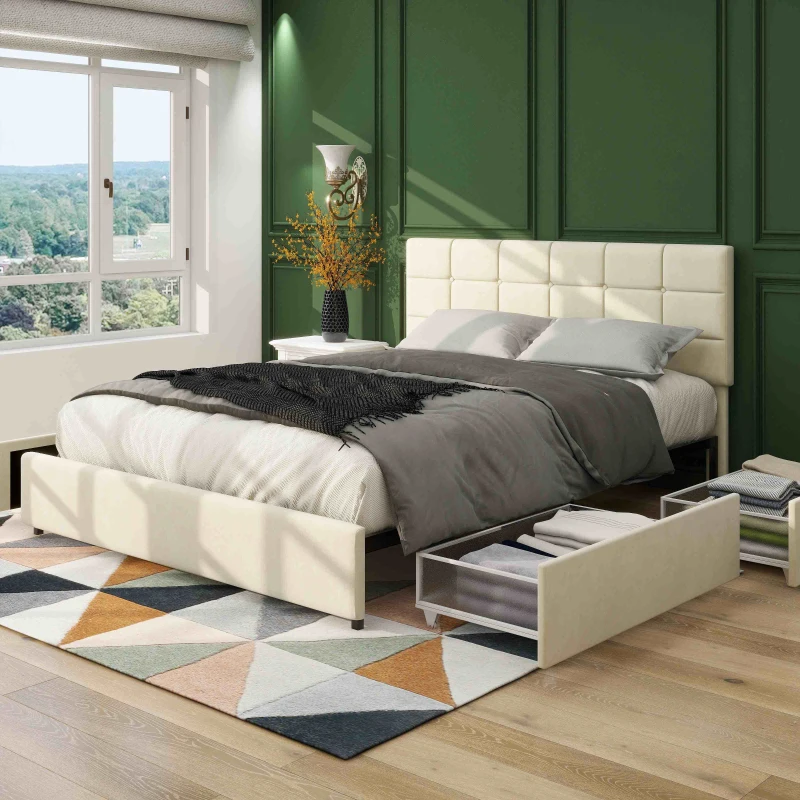 Queen Size Velvet Upholstered Platform Bed Frame with 4 Storage Drawers, Adjustable Headboard, Wooden Slat Support, No Box Spring Required, 64.7"L x 83.2"W x 37/43"H, Ivory