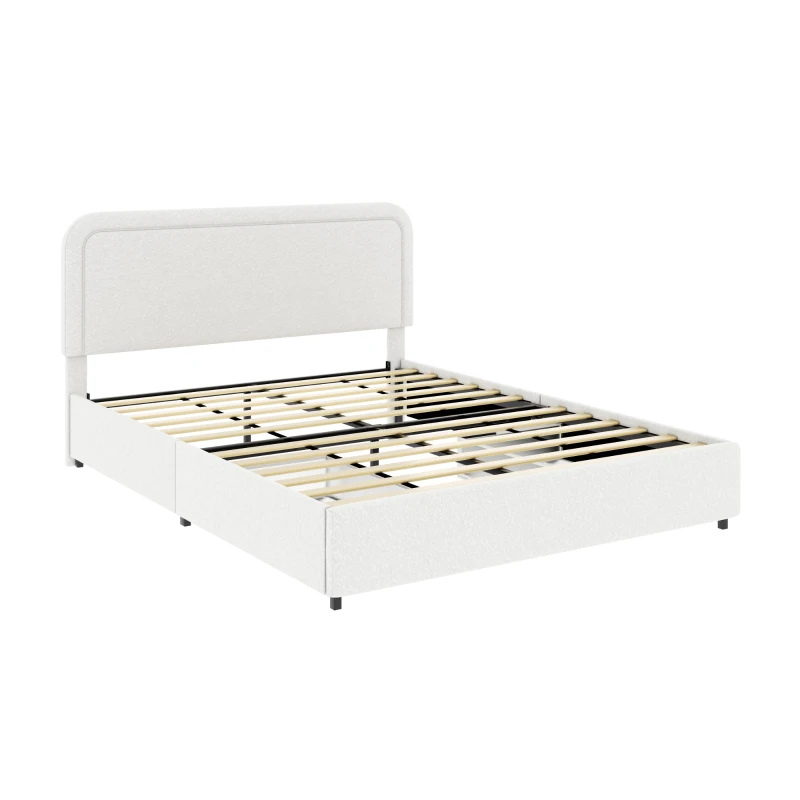 Liv Queen Size 2-Drawer Storage Bed Frame with Curved Tufted Headboard, Patented Boucle Upholstered Platform Bed, Wooden Slat Support, No Box Spring Needed, Ivory