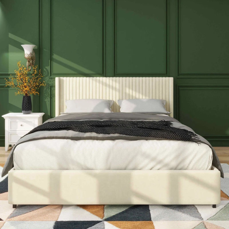 Anna Queen Size Velvet Upholstered Wingback Platform Bed Frame with 4 Storage Drawers, Modern Headboard, Wooden Slat Support, No Box Spring Needed, 84.4″ L x 63.5″ W x 39.0″ H, Ivory