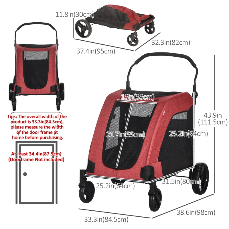 PawHut 4 Wheel Pet Stroller with Storage Basket, Afjustable Handle, Ventilated Oxford Fabric for Medium Size Dogs Cat Red