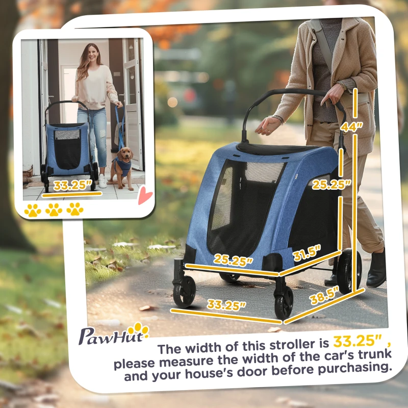 PawHut Dog Stroller for Medium and Large Dogs, 4 Wheels Folding Pet Cat Stroller With Universal Wheels, Storage Basket, safety leash, Blue