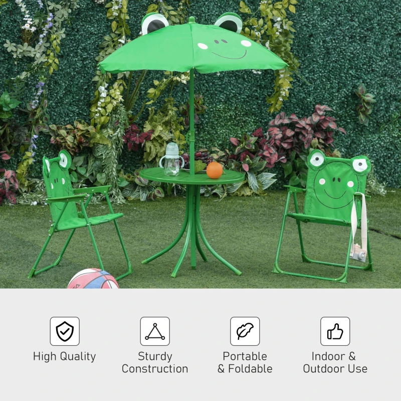 Outsunny Folding Kids Table and Chair Set, Picnic Table with Frog Pattern Removable & Height Adjustable Sun Umbrella for Garden, Backyard, Green