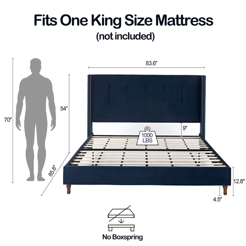 Peyton Upholstered King Bed Frame with 54" High Headboard, Traditional Hand Buttoned Tufting, Nailhead Trim Wingback, No Box Spring Needed, Easy Assembly, 85.8" x 83.6" x 54.0", Blue