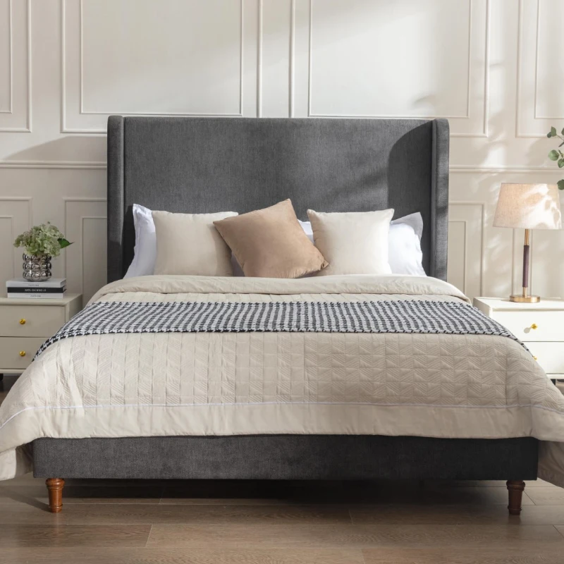 Harper Queen Size Upholstered Bed Frame with 54" Tall Headboard, No Box Spring Needed, Easy Assembly, Velvet Fabric, Dark Gray