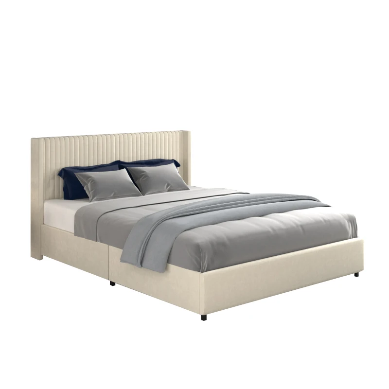 Anna Queen Size Velvet Upholstered Wingback Platform Bed Frame with 4 Storage Drawers, Modern Headboard, Wooden Slat Support, No Box Spring Needed, 84.4″ L x 63.5″ W x 39.0″ H, Ivory