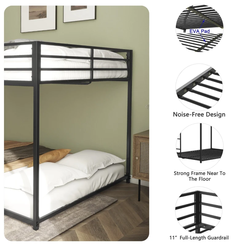 Full Over Full Metal Bunk Bed Frame with Guardrails, Easy Assembly, Noise-Free Design, and Exchangeable Ladder, 76.69" L x 55.91" W x 54.09" H, Black