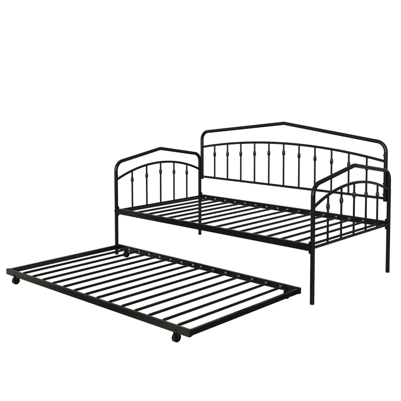 Fox Twin Metal Daybed Frame with Twin Trundle, Anti-Noise Design, Easy Installation, No Box Spring Needed, Fits Standard Twin Mattresses, Black