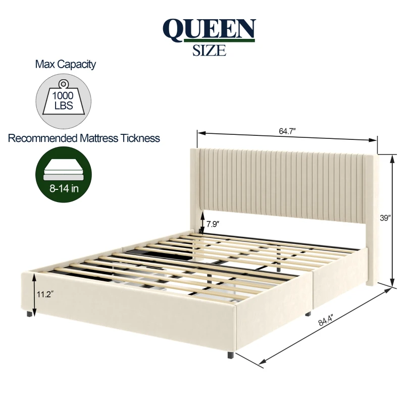 Queen Size Velvet Upholstered Platform Bed Frame with 2 Drawers, Wingback Headboard, Wooden Slat Support, No Box Spring Needed, 84.4″ L x 64.7″ W x 39.0″ H, Ivory