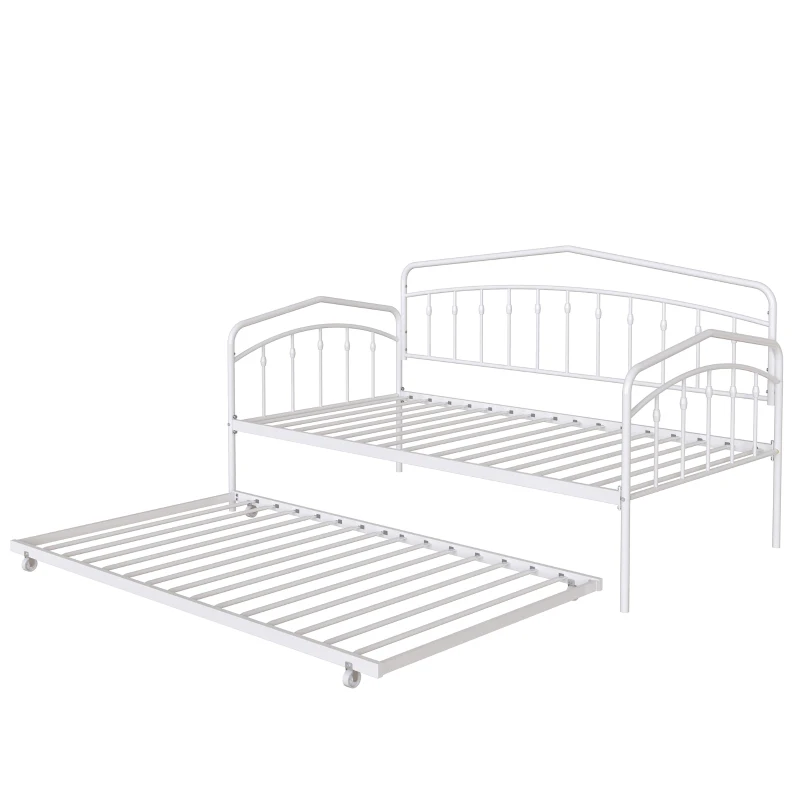 Fox Twin Metal Daybed Frame with Twin Trundle, Anti-Noise Design, No Box Spring Needed, Easy Installation, White