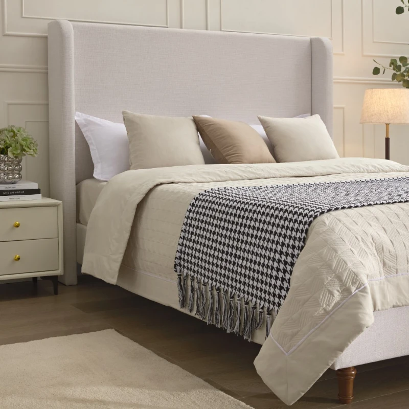 Harper Queen Size Upholstered Bed Frame with 54" Tall Headboard, No Box Spring Needed, Easy Assembly, Ivory