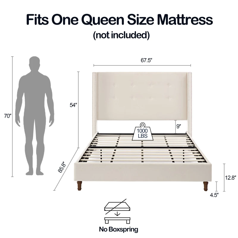 Peyton Upholstered Queen Bed Frame with 54" High Headboard, Hand Buttoned Tufting, Nailhead Trim Wingback, No Box Spring Needed, Easy Assembly, Ivory Velvet, Ivory