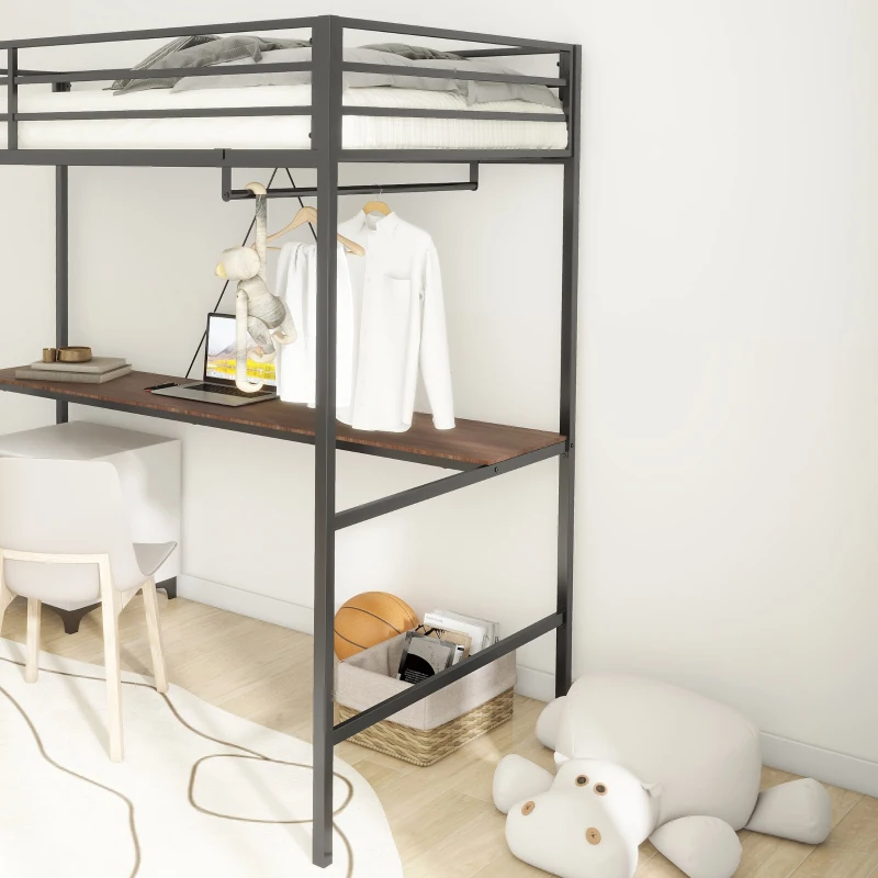 Adam Twin Loft Bunk Metal Bed Frame with Desk and Closet Rod, Guardrails, Easy Assembly, 76.69″ L x 40.94″ W x 72.01″ H, Black