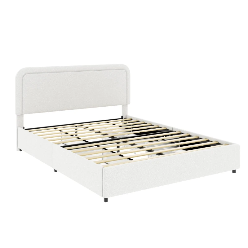 Liv Queen Size Upholstered Platform Bed Frame with 4-Drawer Storage, Adjustable Tufted Headboard, Wooden Slat Support, No Box Spring Needed, Ivory