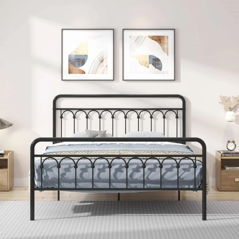 Tara Queen Size Metal Bed Frame with Vintage Headboard, Sturdy Frame with 1000 lbs Capacity, for Bedroom, No Box Spring Needed, Large Under-bed Storage, Black