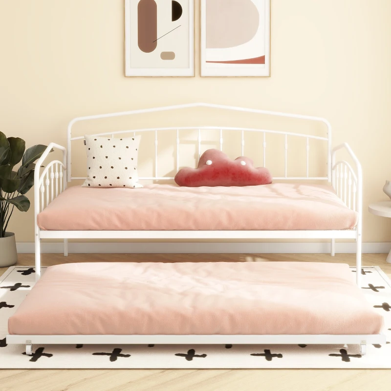 Fox Twin Metal Daybed Frame with Twin Trundle, Anti-Noise Design, No Box Spring Needed, Easy Installation, White