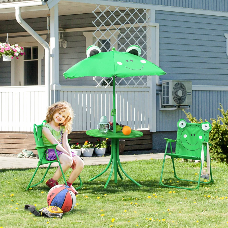 Outsunny Folding Kids Table and Chair Set, Picnic Table with Frog Pattern Removable & Height Adjustable Sun Umbrella for Garden, Backyard, Green
