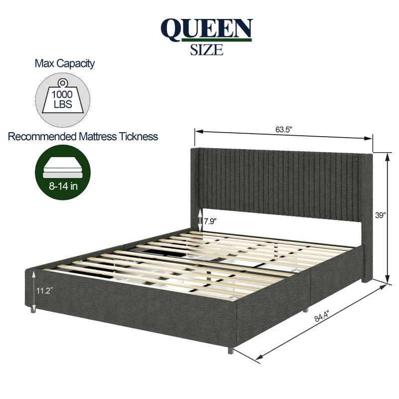 Queen Size Linen Upholstered Wingback Platform Bed Frame with 4 Storage Drawers, Modern Design Headboard, Wooden Slat Support, No Box Spring Needed, 84.4″ L x 63.5″ W x 39.0″ H, Gray