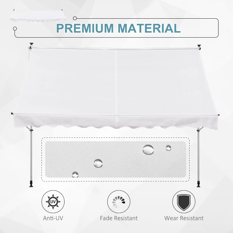 Outsunny 10x5ft Manual Retractable Awning, Patio Sun Shade Canopy Shelter with 5.6-9.2ft Support Pole, Water Resistant UV Protector, for Window, Door, Porch, Deck, White