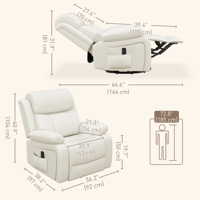 HOMCOM PU Leather Reclining Chair with Vibration Massage Recliner, Swivel Base, Rocking Function, Remote Control, Cream White