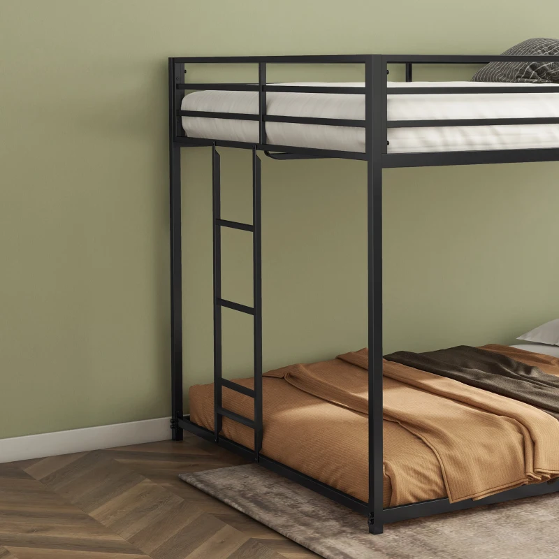 Full Over Full Metal Bunk Bed Frame with Guardrails, Easy Assembly, Noise-Free Design, and Exchangeable Ladder, 76.69" L x 55.91" W x 54.09" H, Black
