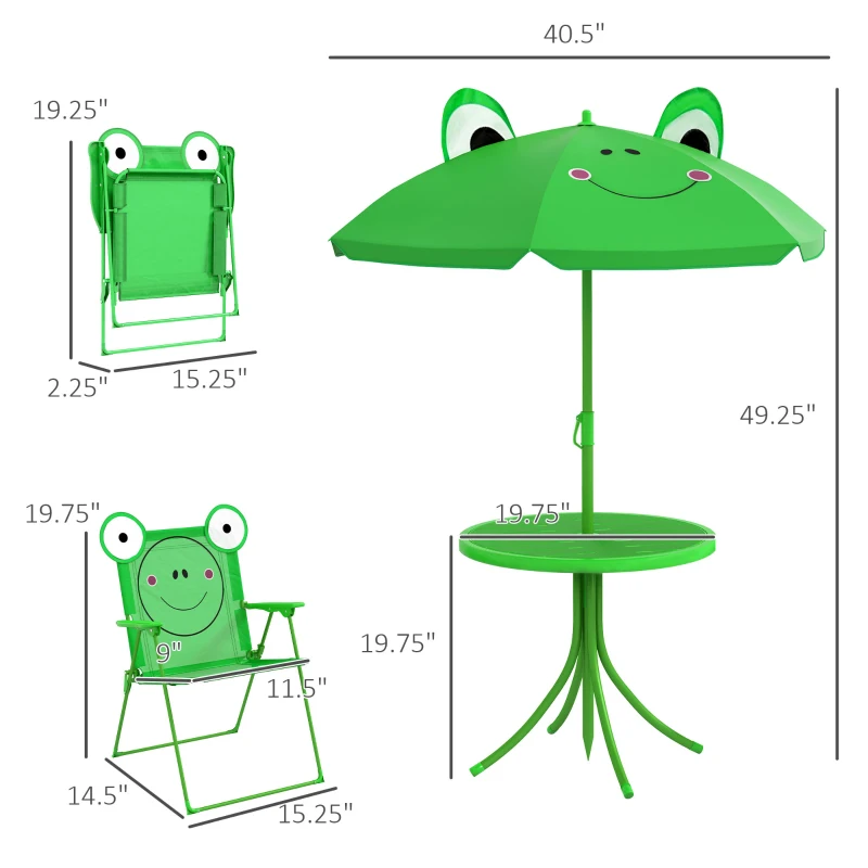 Outsunny Folding Kids Table and Chair Set, Picnic Table with Frog Pattern Removable & Height Adjustable Sun Umbrella for Garden, Backyard, Green