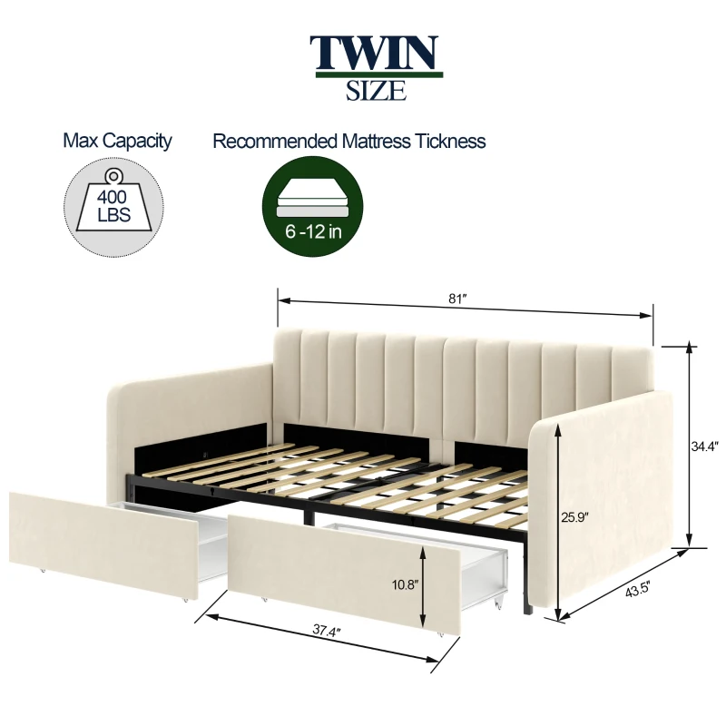 Flora Twin Size Upholstered Daybed Frame with 2 Drawers, Ribbed Tufted Backrest, Dust-Proof Drawers, Easy Assembly, Ivory