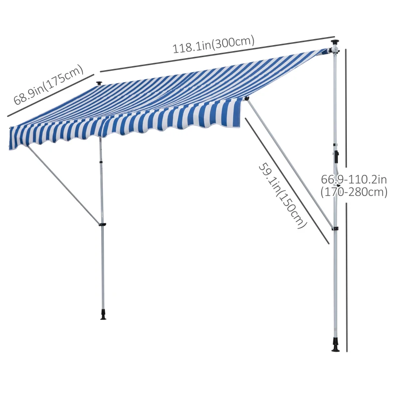 Outsunny 10x5ft Manual Retractable Awning, Patio Sun Shade Canopy Shelter with 5.6-9.2ft Support Pole, Water Resistant UV Protector, for Window, Door, Porch, Deck, Blue