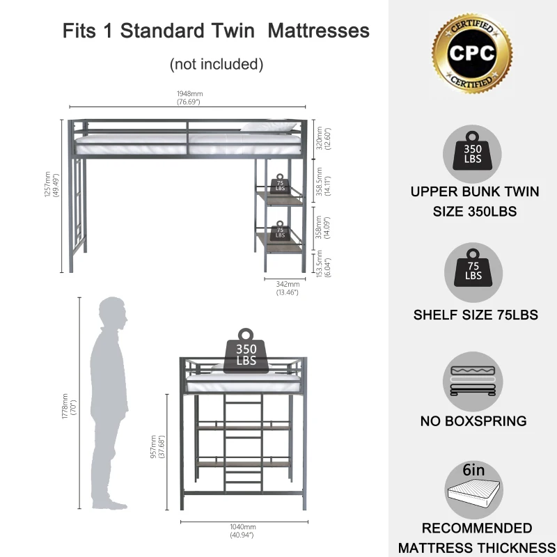 Junior Twin Loft Metal Bunk Bed Frame with Cinnamon Wood Shelf, Full-Length Guardrails, Anti-Noise Design, Easy Assembly, 76.69″ L x 40.94″ W x 49.49″ H, Black