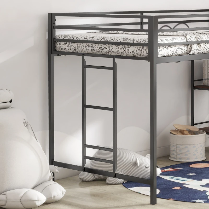 Junior Twin Loft Metal Bunk Bed Frame with Cinnamon Wood Shelf, Full-Length Guardrails, Anti-Noise Design, Easy Assembly, 76.69″ L x 40.94″ W x 49.49″ H, Black