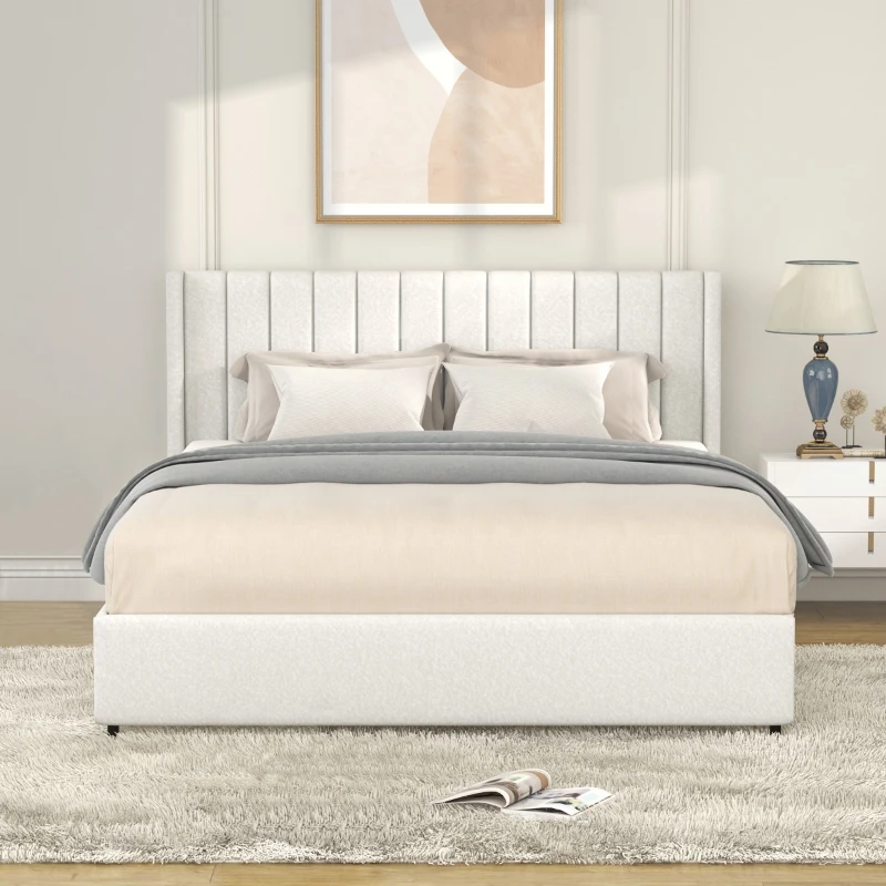 Anda Queen Size Upholstered Platform Bed Frame with 4 Storage Drawers, Tufted Headboard, Wooden Slat Support, No Box Spring Needed, 84.4″ L x 63.5″ W x 39.0″ H, Ivory