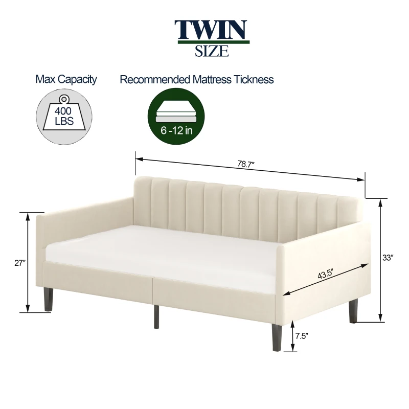 Elena Twin Size Velvet Upholstered Daybed Frame with Ribbed Tufted Backrest, Squeak-Free Durable Metal Frame, Bentwood Slat System, Easy Assembly, Ivory