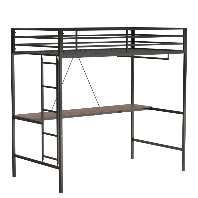 Adam Twin Loft Bunk Metal Bed Frame with Desk and Closet Rod, Guardrails, Easy Assembly, 76.69″ L x 40.94″ W x 72.01″ H, Black