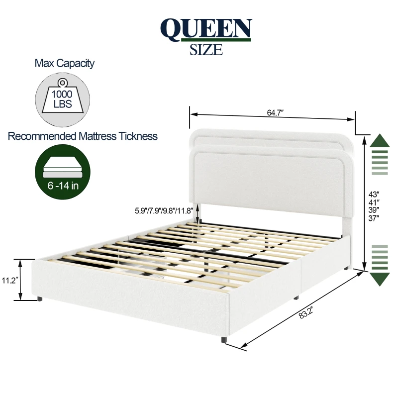 Liv Queen Size 2-Drawer Storage Bed Frame with Curved Tufted Headboard, Patented Boucle Upholstered Platform Bed, Wooden Slat Support, No Box Spring Needed, Ivory
