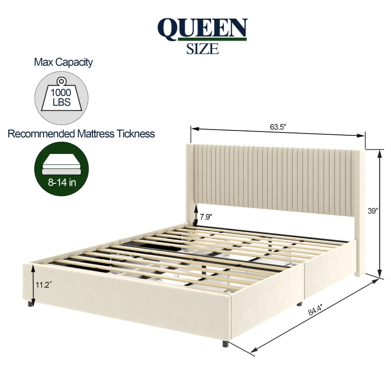 Anna Queen Size Velvet Upholstered Wingback Platform Bed Frame with 4 Storage Drawers, Modern Headboard, Wooden Slat Support, No Box Spring Needed, 84.4″ L x 63.5″ W x 39.0″ H, Ivory