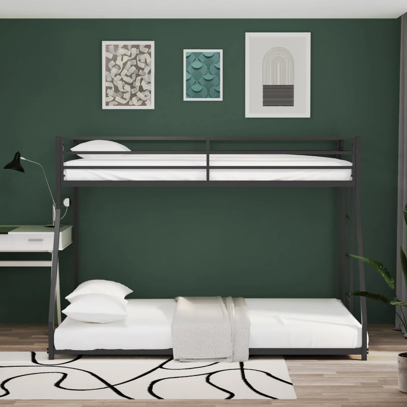 Adam Twin Over Full Metal Bunk Bed Frame, Sturdy Frame with Guardrails, Interchangeable Ladder, No Box Spring Required, Easy Assembly, Black