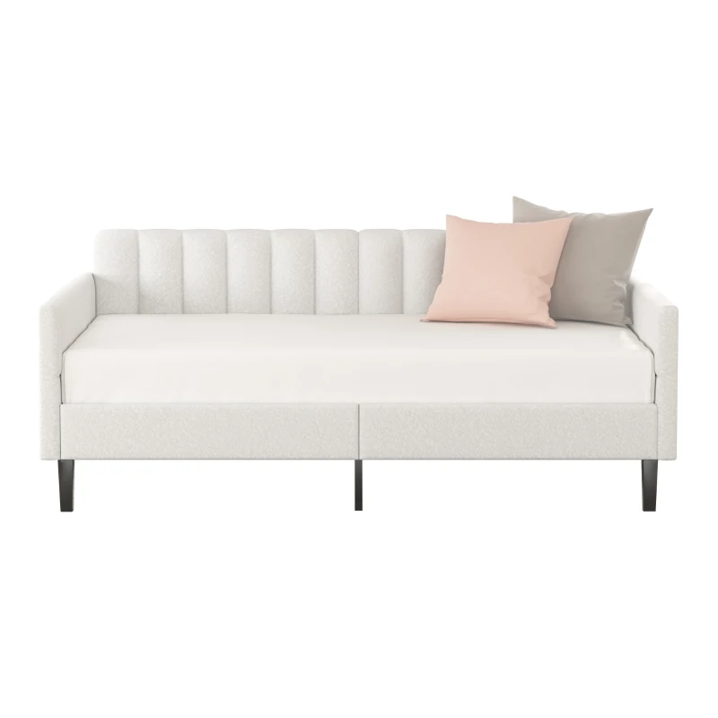Elena Twin Size Upholstered Daybed Frame, Ribbed Tufted Backrest, Boucle Fabric, Durable Metal Frame, Easy Assembly, Ivory
