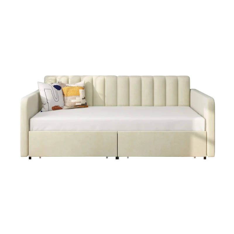 Flora Twin Size Upholstered Daybed Frame with 2 Drawers, Ribbed Tufted Backrest, Dust-Proof Drawers, Easy Assembly, Ivory