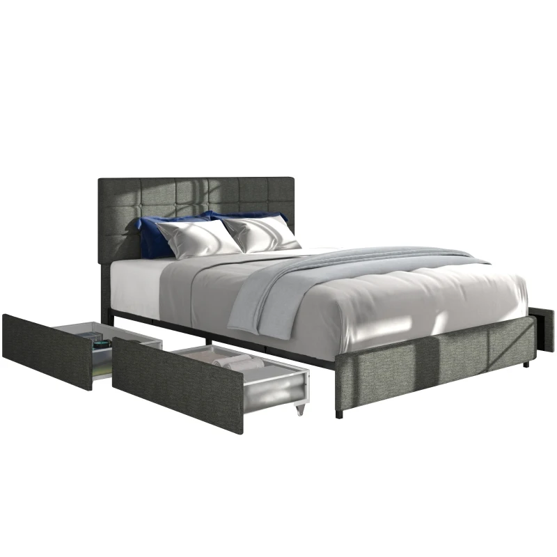 Full Size Upholstered Platform Bed Frame with 4 Storage Drawers, Adjustable Headboard, Wooden Slat Support, No Box Spring Required, 79.3″ L x 57.5″ W x 39.0″ H, Gray
