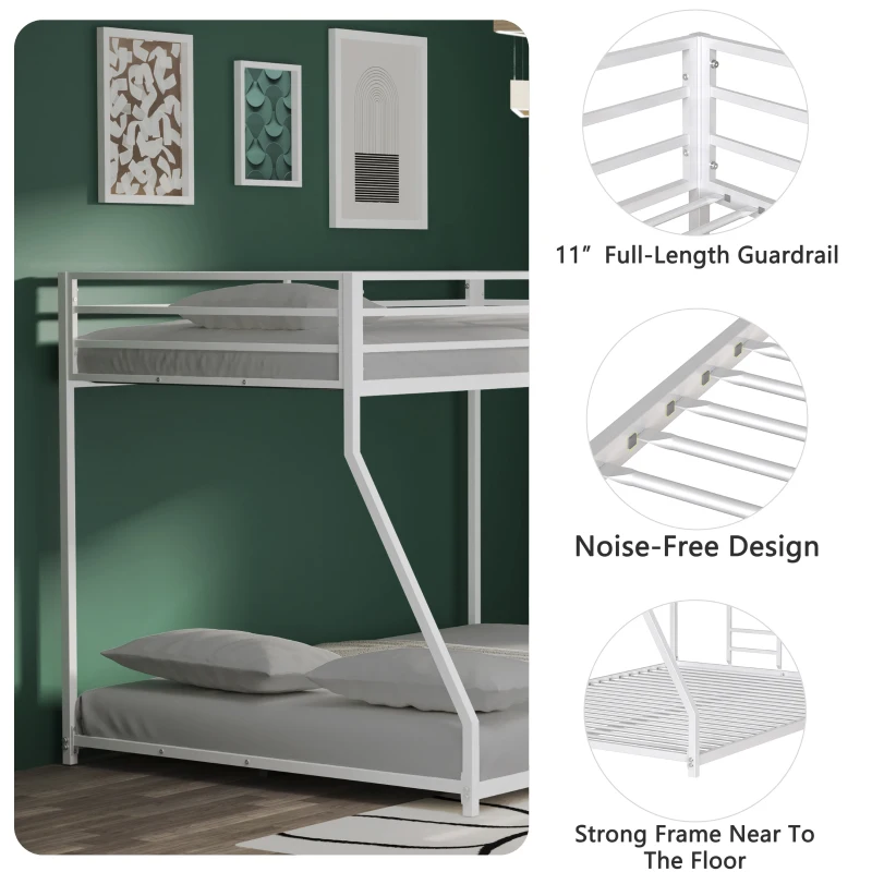 Adam Twin Over Full Metal Bunk Bed Frame with Guardrails, Interchangeable Ladder, No Box Spring Required, Easy Assembly, White