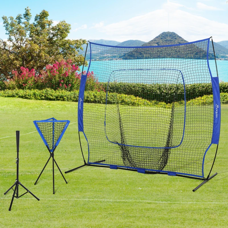 Soozier Baseball Net Set with 7.5x7ft Catcher Net, Ball Caddy, Portable Pitching Net for Hitting, Pitching, Batting, Catching, Blue