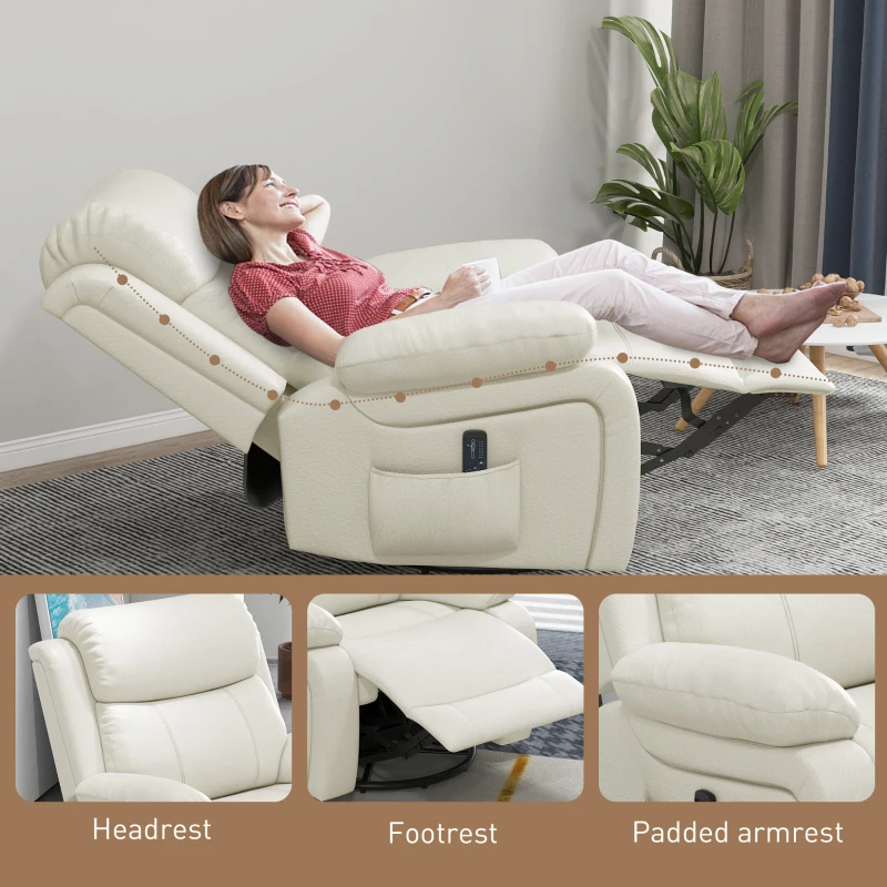 HOMCOM PU Leather Reclining Chair with Vibration Massage Recliner, Swivel Base, Rocking Function, Remote Control, Cream White