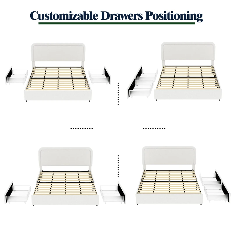 Liv Queen Size 2-Drawer Storage Bed Frame with Curved Tufted Headboard, Patented Boucle Upholstered Platform Bed, Wooden Slat Support, No Box Spring Needed, Ivory