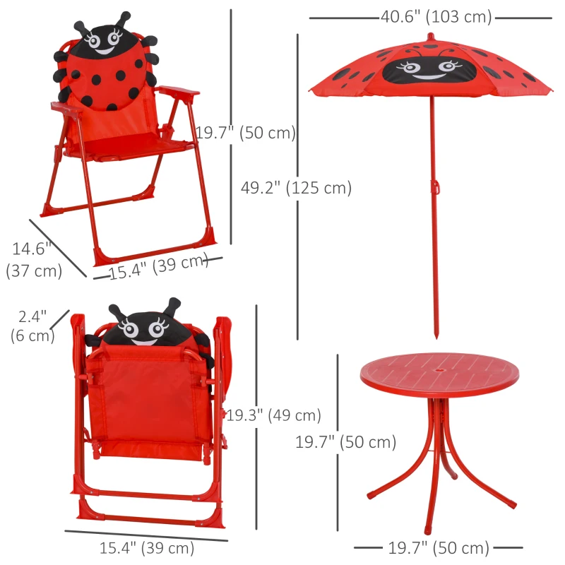 Outsunny Kids Folding Picnic Table and Chair Set Pattern Outdoor Garden Patio Backyard with Removable & Height Adjustable Sun Umbrella Red