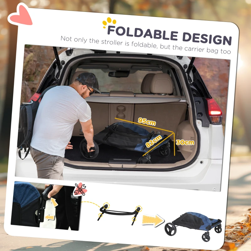 PawHut Dog Stroller for Medium and Large Dogs, 4 Wheels Folding Pet Cat Stroller With Universal Wheels, Storage Basket, safety leash, Blue