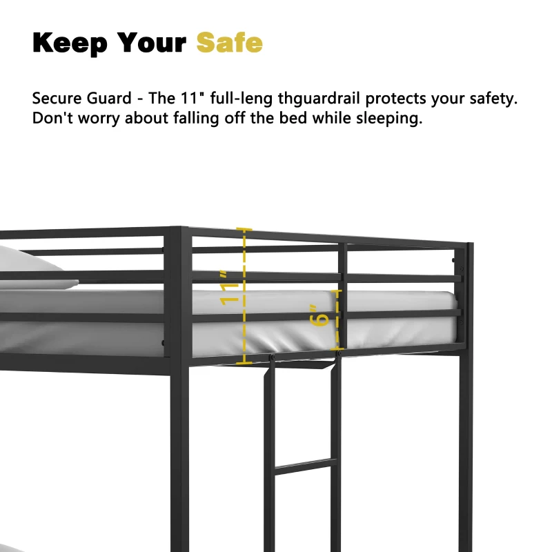 Full Over Full Metal Bunk Bed Frame with Guardrails, Easy Assembly, Noise-Free Design, and Exchangeable Ladder, 76.69" L x 55.91" W x 54.09" H, Black