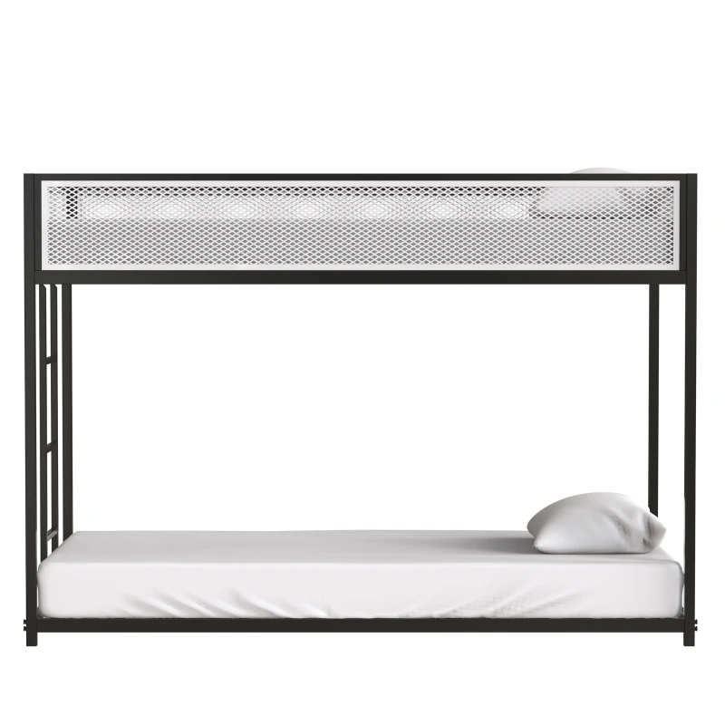 Twin Over Twin Bunk Metal Bed Frame with Mesh Guard Rail, Exchangeable Ladder, for Kids Bedrooms, Easy Assembly, 76.69″ L x 40.94″ W x 54.09″ H, Black
