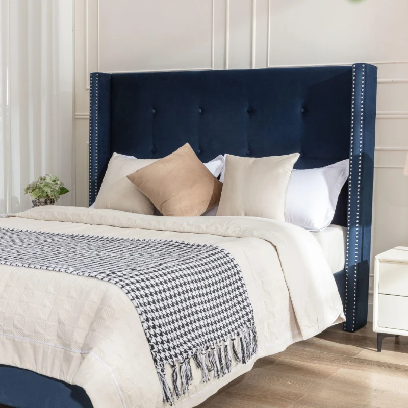 Upholstered Queen Bed Frame with Velvet 54" High Headboard, Traditional Hand Buttoned Tufting, Nailhead Trim Wingback, No Box Spring Needed, Blue